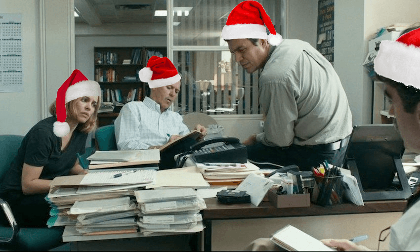 An actual unedited photo taken early on Christmas morning inside a New Zealand newsroom  
