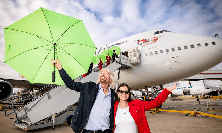 Sir Richard Branson, and Jenifer Holmgren CEO Lanzatech, greet the Virgin Atlantic VS16 flight from Orlando, Florida, at Gatwick Airport following its inaugural journey using the first batch of LanzaTech biofuel, (Photo: John Nguyen/PA Wire)