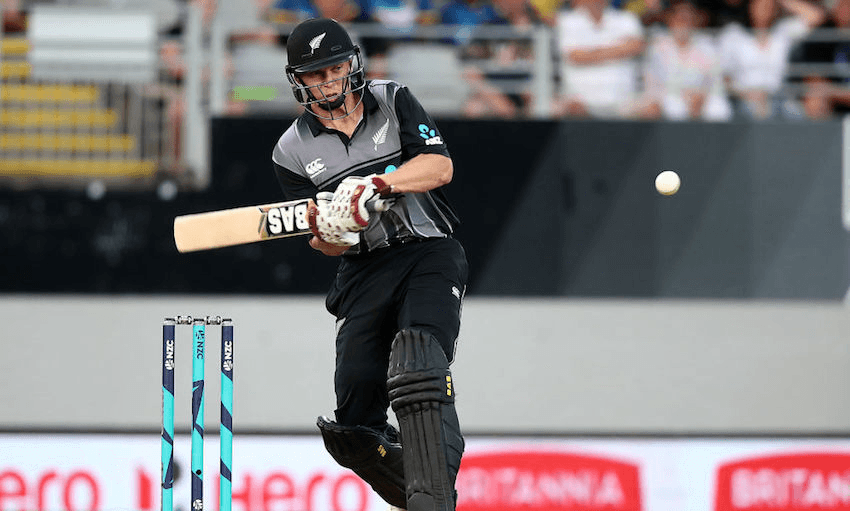 Scott Kuggeleijn of New Zealand hits a shot during the twenty20 international cricket match between New Zealand and Sri Lanka at Eden Park in Auckland on January 11, 2019. (Photo by Fiona Goodall / AFP / Getty Images)