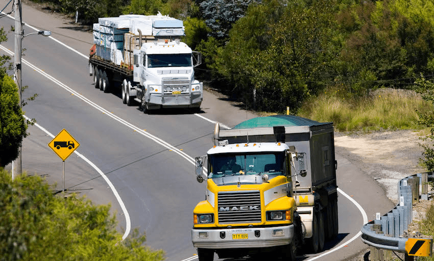 Truck drivers under immense time pressure regularly break the law to get the job done, a new study says. (Photo shows trucks on the Great Western Highway, Australia, in 2007. Photo by Tim Graham/Getty Images) 

