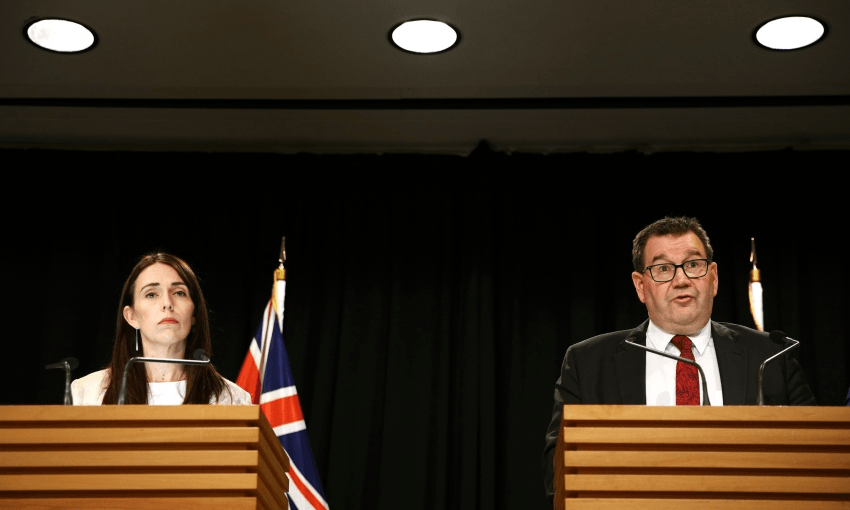 Jacinda Ardern and Grant Robertson speaking to media at post-cab (Getty Images: Hagen Hopkins) 
