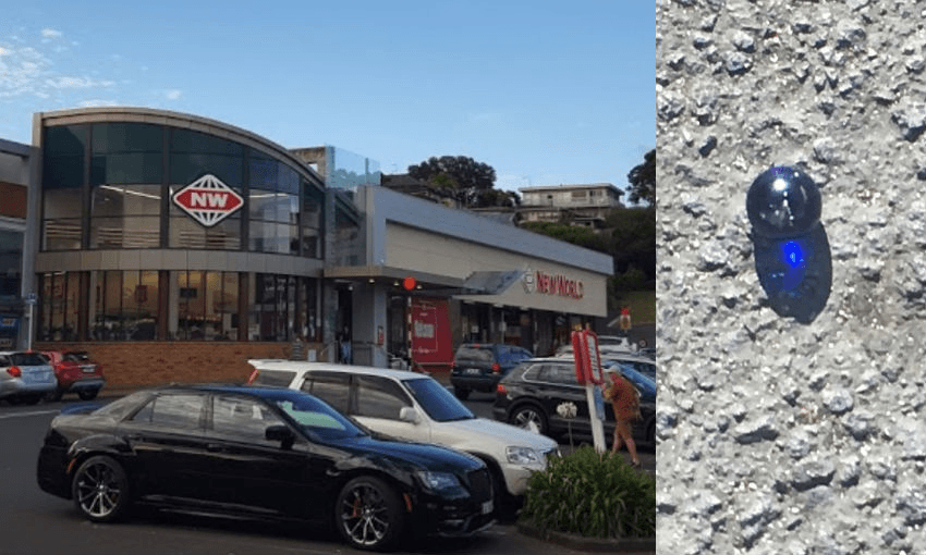 Devonport New World carpark, and a photo believed to be of one of the airgun pellets posted to a community Facebook page (Photos: Supplied) 
