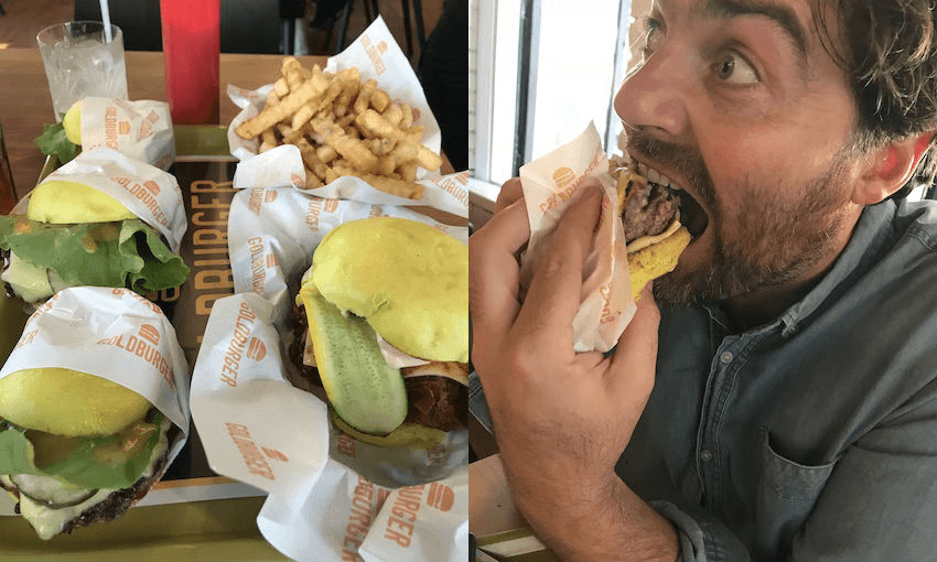 Samuel Flynn Scott tucks in at Goldburger (Photos: Supplied) 

