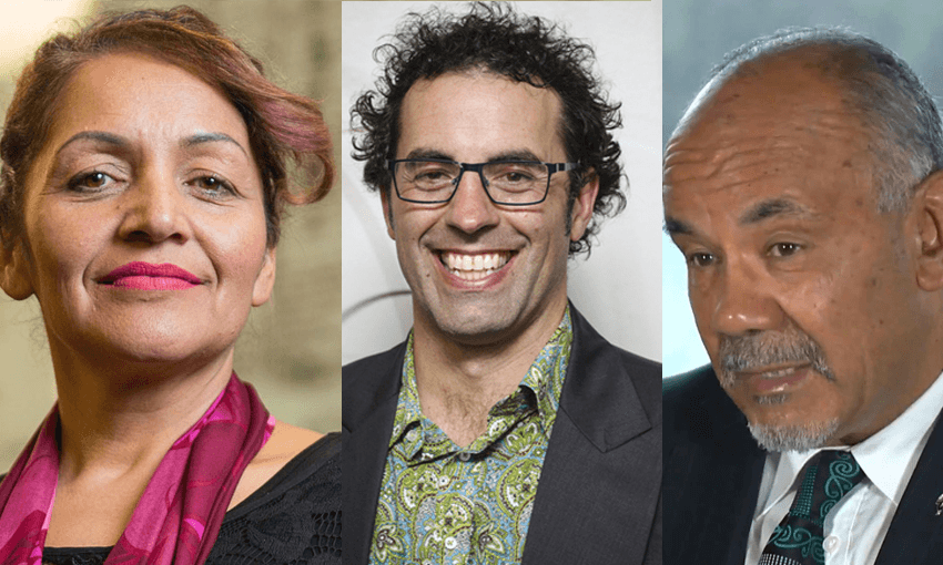 L-R: Former Māori Party co-leader Marama Fox, The Opportunities Party leader Geoff Simmons, former Māori Party co-leader (and current Te Wānanga o Aotearoa chief executive) Te Ururoa Flavell. 
