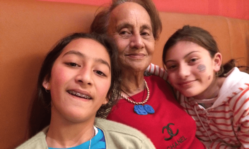 Dame June Jackson with her mokopuna Te Aria Jackson (left) and Te Waiora Iti (right). Image: supplied 
