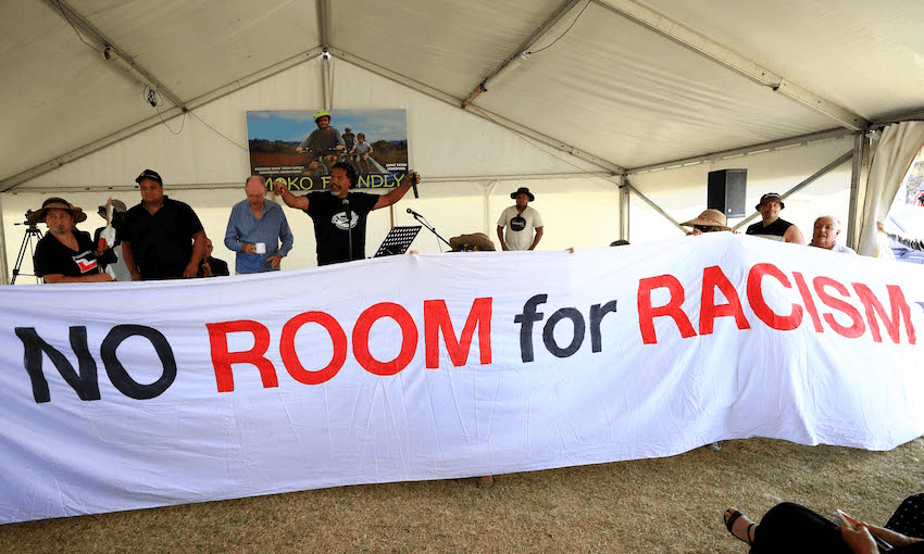 Protestors interrupt a speech from Don Brash on the lower marae at Waitangi on February 05, 2019 in Waitangi. (Photo by Phil Walter/Getty Images) 
