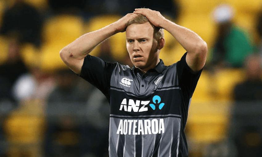 WELLINGTON, NEW ZEALAND – FEBRUARY 06: Scott Kuggeleijn of New Zealand reacts after a dropped catch in the field during game one of the International T20 Series between the New Zealand Black Caps and India at Westpac Stadium on February 06, 2019 in Wellington, New Zealand. (Photo by Hagen Hopkins/Getty Images) 
