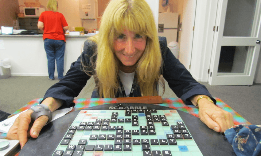 Cathy Casey and her Scrabble board. Photo: Cathy Casey