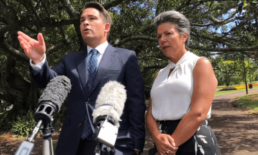 Simon Bridges and Paula Bennett speaking to media (Radio NZ: Brooke Jenner)  
