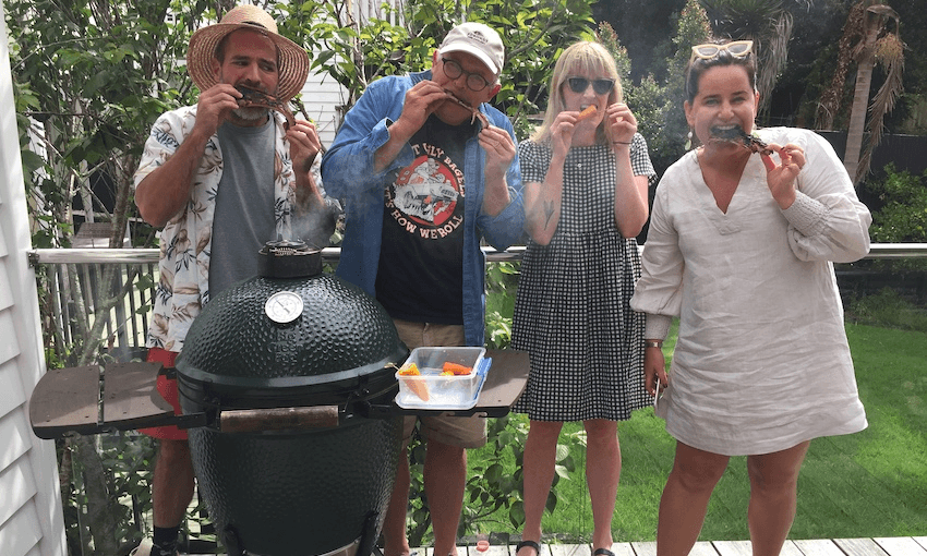 Simon Day, Al Brown and Sophie Gilmour tuck in to Carolina ribs (non-meat-eater Alice Neville opted for a Sicilian stuffed pepper skewer) following recording of the great lost podcast (Photo: Tina Tiller) 
