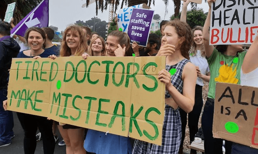 As junior doctors walk off the job again from tomorrow, some of their senior colleagues are complaining about their fatigue and the harm being caused to patients. Photo: RNZ / Karen Brown