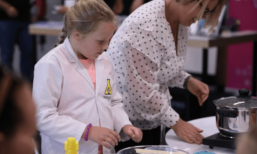 One of several girls to turn up to Dr Michelle Dickinson’s workshop in a lab-coat (Photo credit: Macdiarmid Institute, copyright Mark Faamaoni)  

