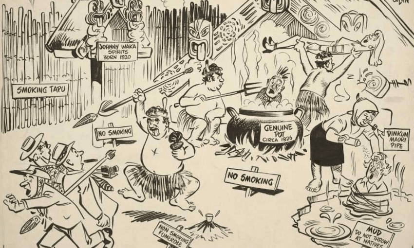 A racist depiction of Māori by mid-20th century cartoonist Neville Maurice Colvin. 
