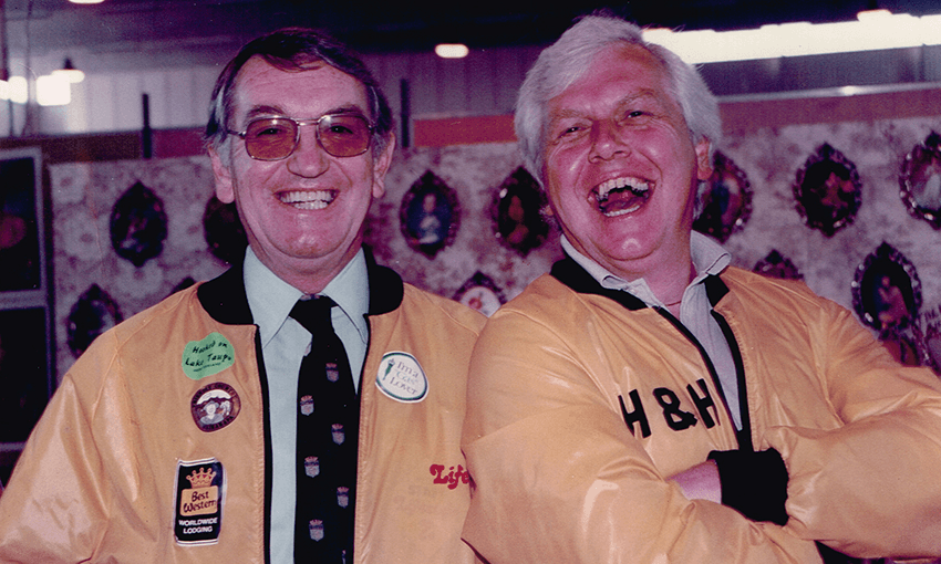Peter and David in the promotional jackets they wore for their live shows in Wiri, Palmerston North, Hamilton and Wellington in 1985–86. JAN CORMACK, PRIVATE COLLECTION 
