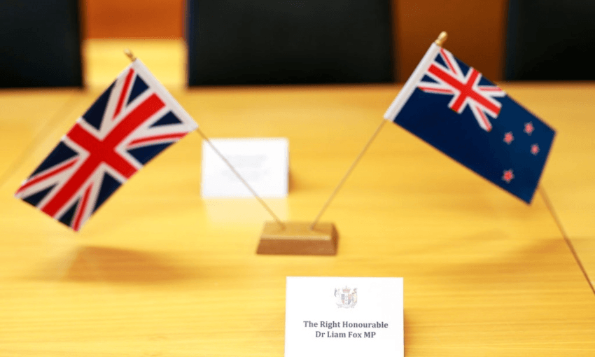 Flags from a meeting of UK Trade Secretary Liam Fox and MFAT in Wellington (Getty Images)  
