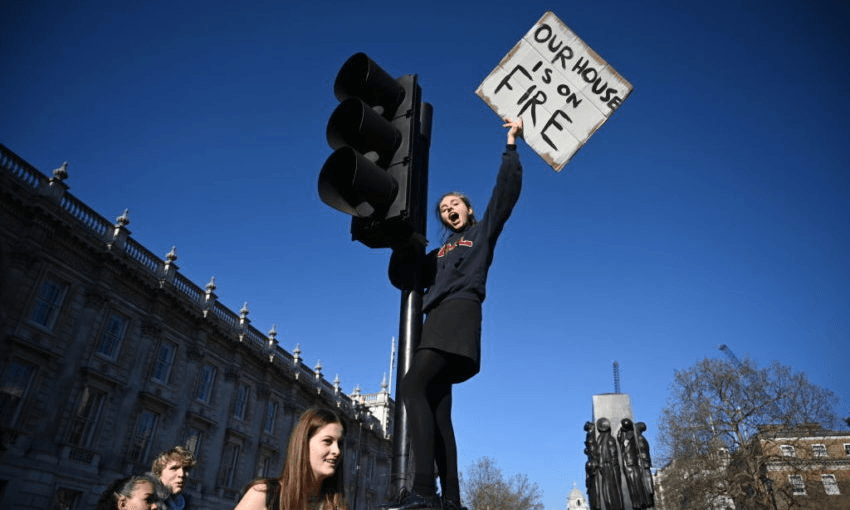 The  student climate march in Parliament Square, London, on February 15, 2019 (Photo by Leon Neal/Getty Images) 
