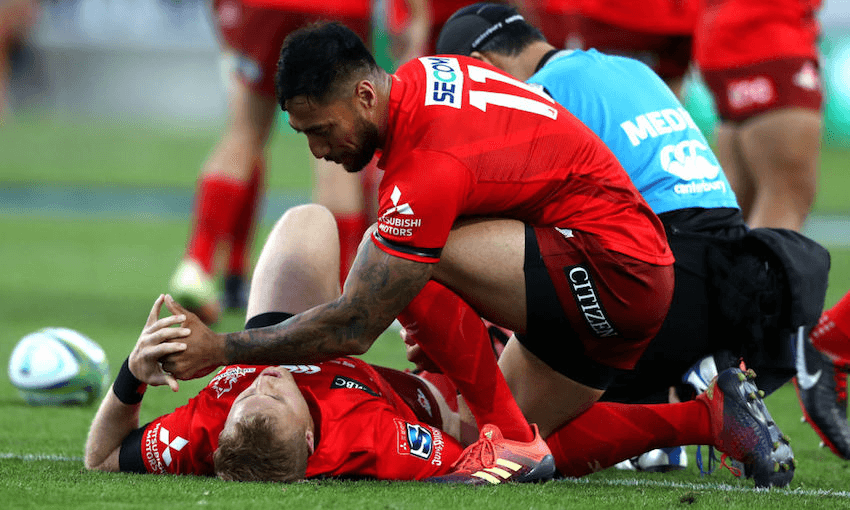 Shane Gates of the Sunwolves lies injured during their round three Super Rugby match against the Chiefs in Hamilton (Photo by Hannah Peters/Getty Images). 
