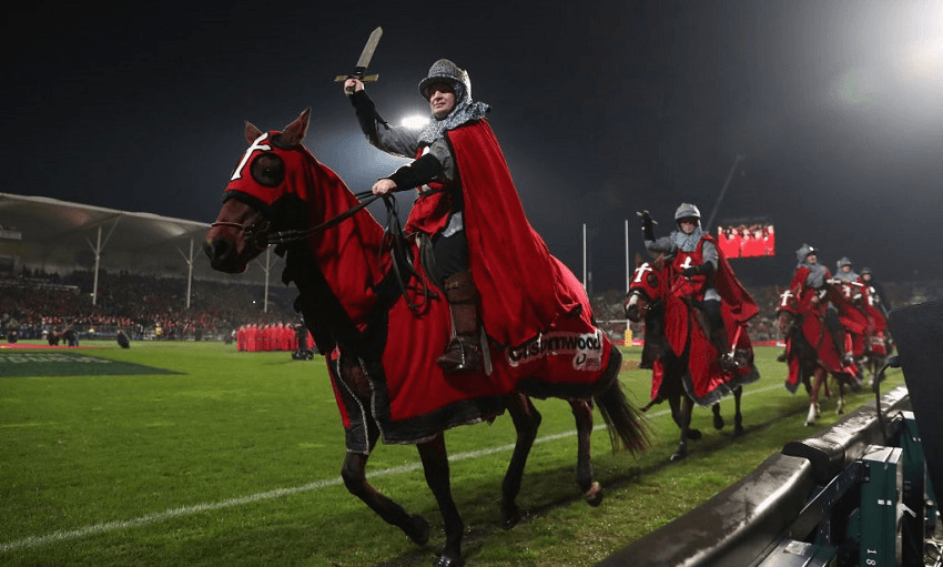 2017: Crusaders mascots ride out at AMI Stadium in Christchurch (Photo: David Rogers/Getty Images) 
