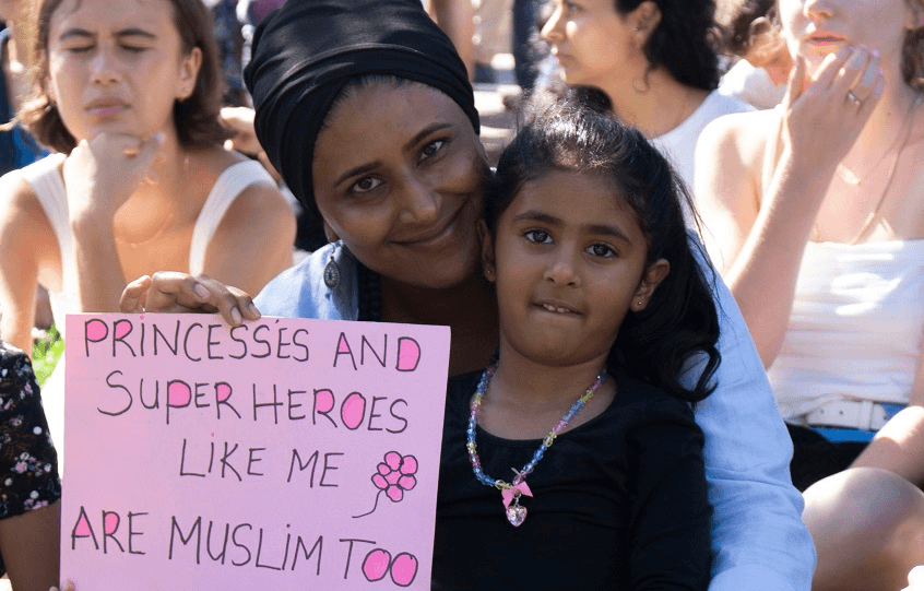 ‘Princesses and superheroes like me are Muslim too’ banner at Auckland Aotea square vigil (Photo: Sean Stapleton) 
