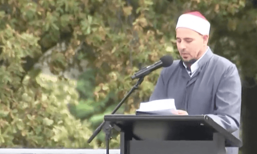 Imam Fouda addresses the crowd at Hagley Park, Christchurch on 22 March 2019 
