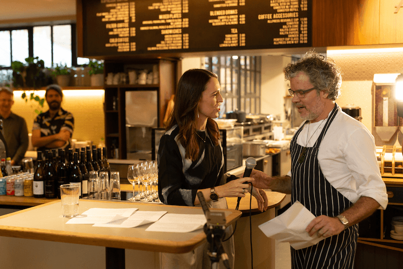 Peter Gordon and Jacinda Ardern at the NZTE event held at Allpress Espresso in Dalston, London recently (Photo: Supplied) 
