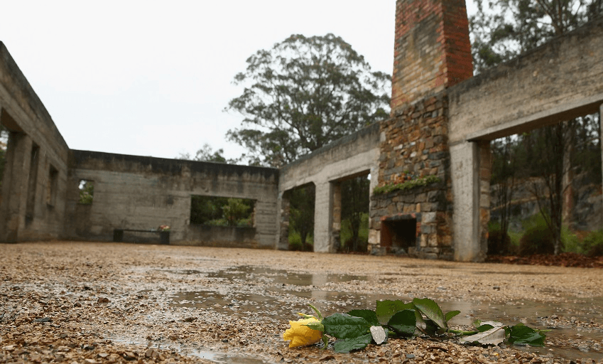 A yellow rose lies at the Port Arthur historic site where 35 people were massacred on April 28, 1996. The killings sparked wide-ranging reforms of Australia’s gun laws. (Photo: Getty.) 
