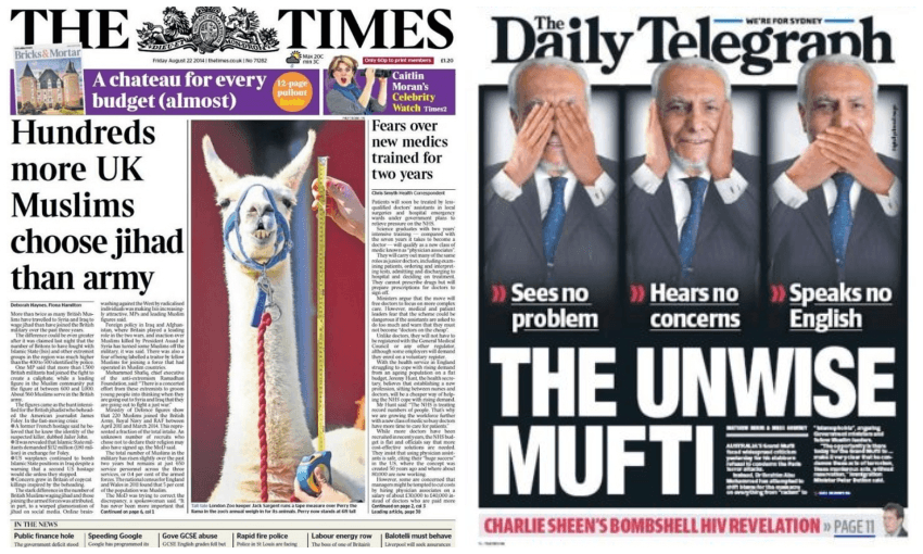 Front pages from The Times (UK) and the Daily Telegraph (Australia) 
