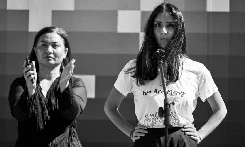 Marama Davidson and Golriz Ghahraman in Aotea Square. (Photo: Todd Henry) 
