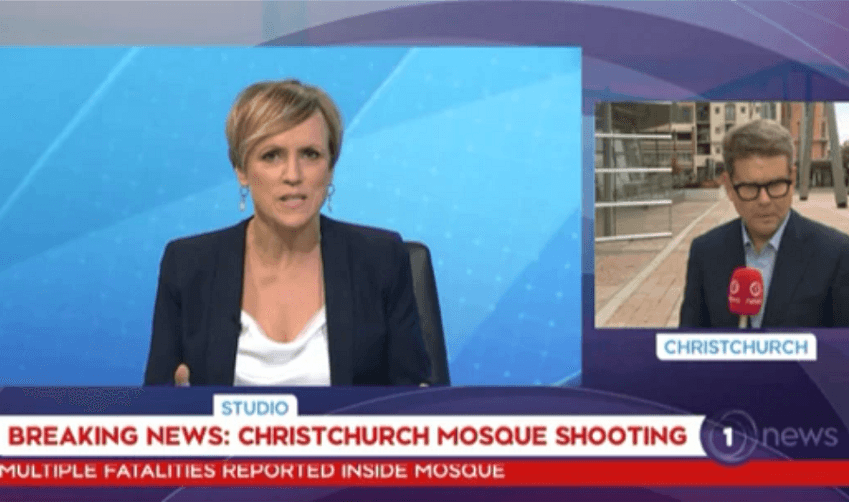 Hilary Barry and John Campbell reporting live during the Christchurch terror attacks (Screenshot: TVNZ) 
