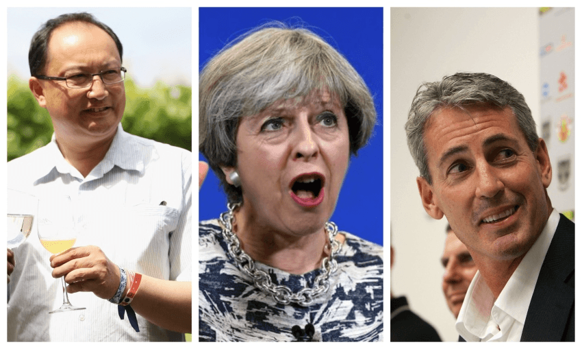 For now at least, these three are Gisborne mayor Meng Foon, British PM Theresa May, and rich-lister Eric Watson (Getty Images)  

