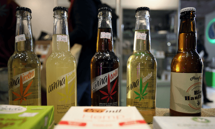 Drinks on display at a cannabis expo in Greece earlier this year (Photo: Giorgos Georgiou/NurPhoto/Getty Images) 
