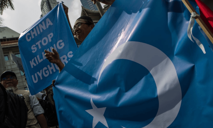 A demonstration in front of the Chinese embassy in Jakarta, on December 21, 2018. The protesters demanded that China stop detaining thousands of minority Uighur Muslims in camps and political indoctrination centers in its Xinjiang region. (Getty Images) 
