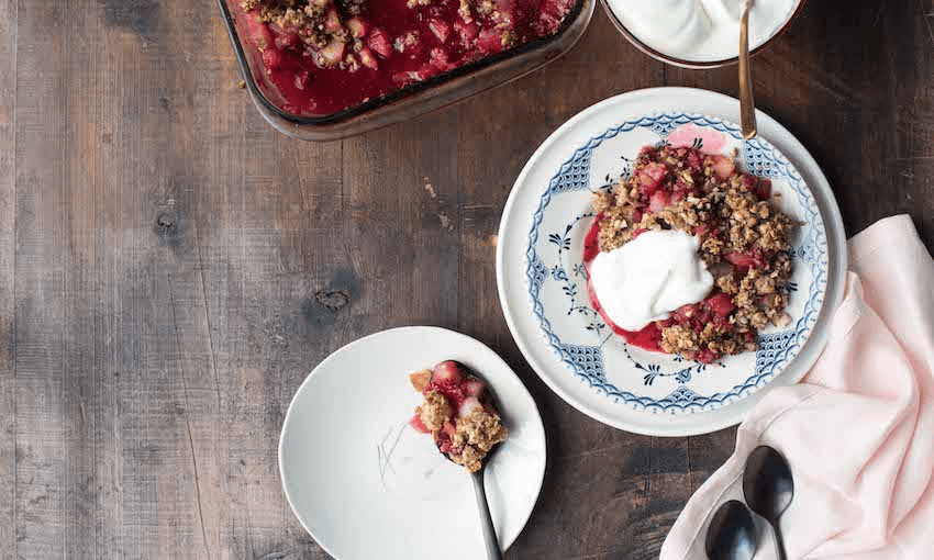 Feijoa, pear and raspberry crumble.(Photo: Emma Boyd)