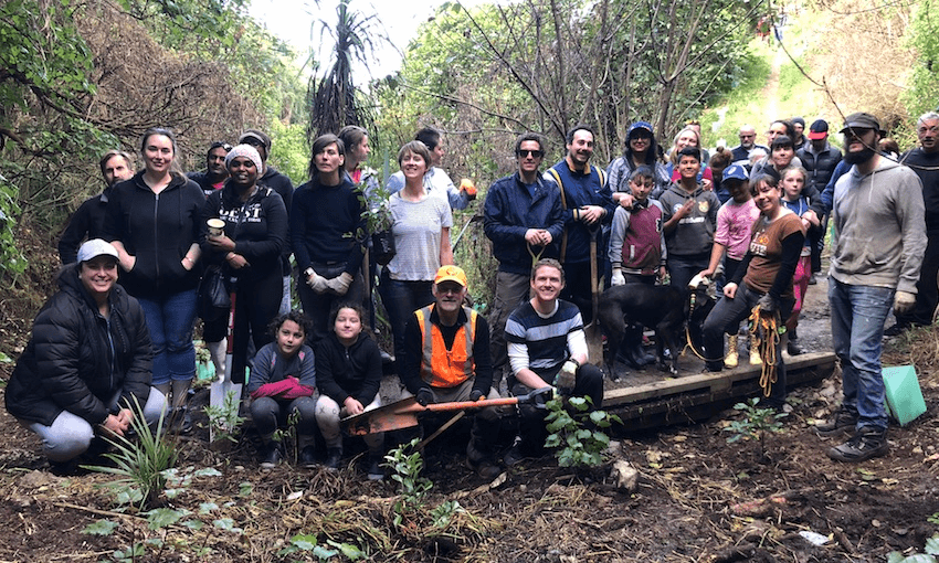 The Thankyou Payroll team, friends, family and clients who came out to help plant over 300 native trees and shrubs in a reserve up Holloway Road in Aro Valley, Wellington. (photo: supplied).  
