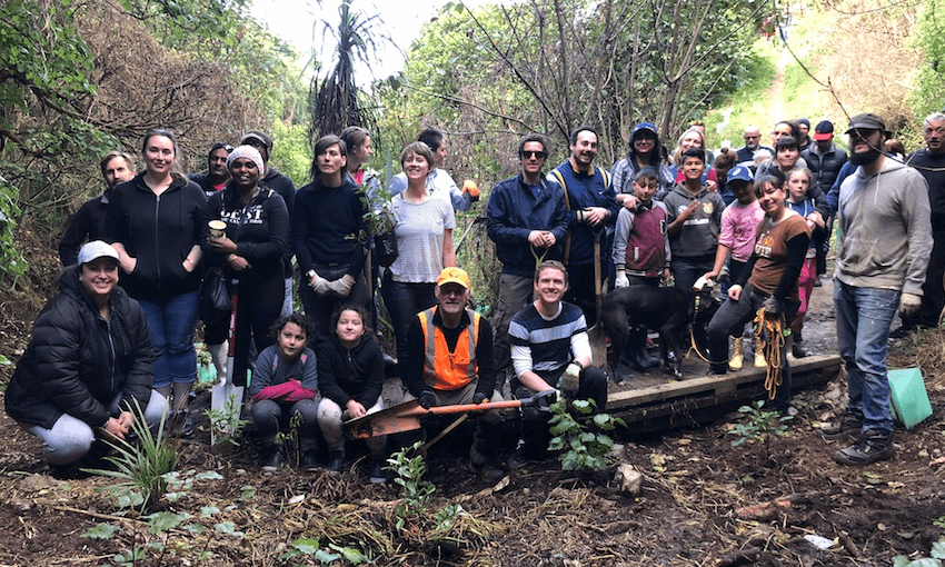 The Thankyou Payroll team, friends, family and clients who came out to help plant over 300 native trees and shrubs in a reserve up Holloway Road in Aro Valley, Wellington. (photo: supplied).