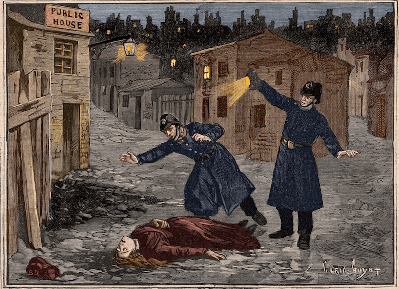 A street in Whitechapel: the last crime of Jack the Ripper, from ‘Let Petit Parisien’, 1891 (Photo by Stefano Bianchetti/Corbis via Getty Images) 
