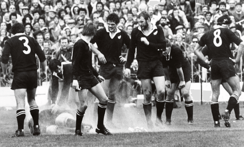 All Black prop Gary Knight is felled by a flour bomb during the Springbok test at Eden Park, Auckland, September 12, 1981 (nzhistory.govt.nz) 
