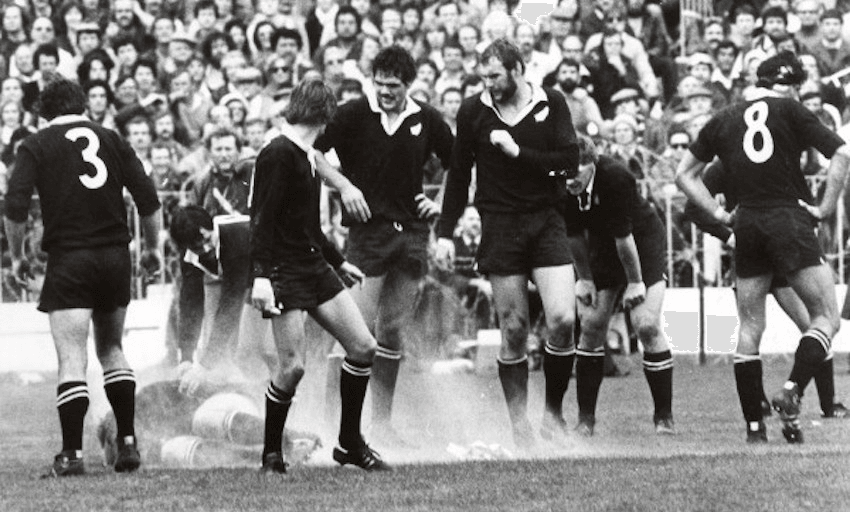 All Black prop Gary Knight is felled by a flour bomb during the Springbok test at Eden Park, Auckland, September 12, 1981 (nzhistory.govt.nz)
