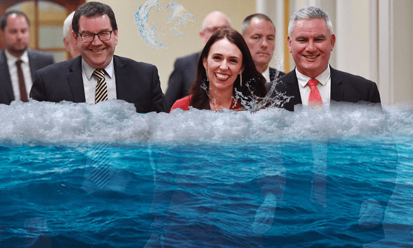From left: Grant Robertson, Jacinda Ardern, Kelvin Davis arrive in Parliament on October 19, 2017, having just emerged victorious from the coalition talks. (Photo: AFP PHOTO / Marty MELVILLE Photo illustration: Tina Tiller 
