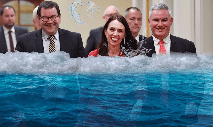 From left: Grant Robertson, Jacinda Ardern, Kelvin Davis arrive in Parliament on October 19, 2017, having just emerged victorious from the coalition talks. (Photo: AFP PHOTO / Marty MELVILLE Photo illustration: Tina Tiller