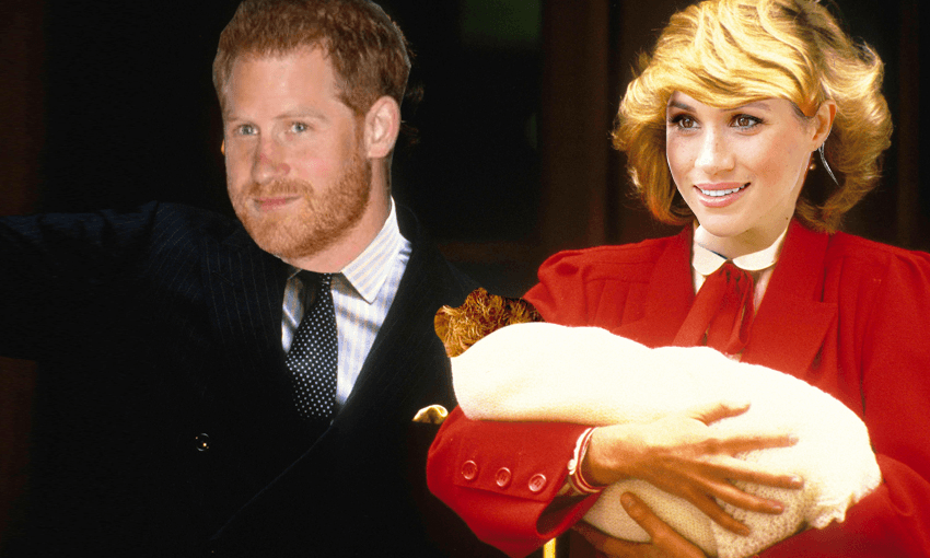 Meghan/Diana shows off her new arrival. Photo: Getty Images / photo manipulation by Tina Tiller 
