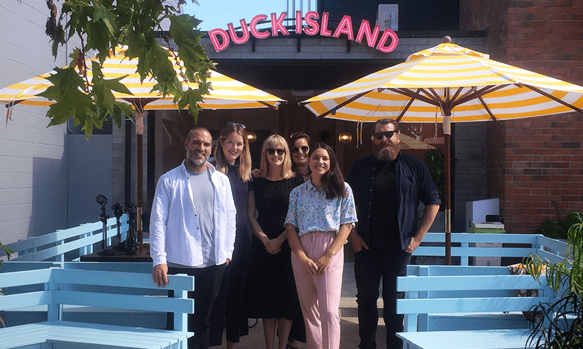 Simon Day, special podcast guest Lara Mannis, Alice Neville, Sophie Gilmour, and Duck Island’s Trish Harrison and Cameron Farmilo (Photo: Tina Tiller) 
