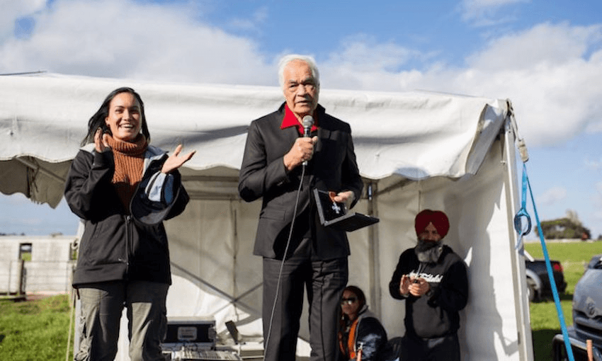 SOUL co-leader Pania Newton (left) with Dr Haare Williams at Ihumātao in 2018. PHOTO: Qiane Matata-Sipu. 
