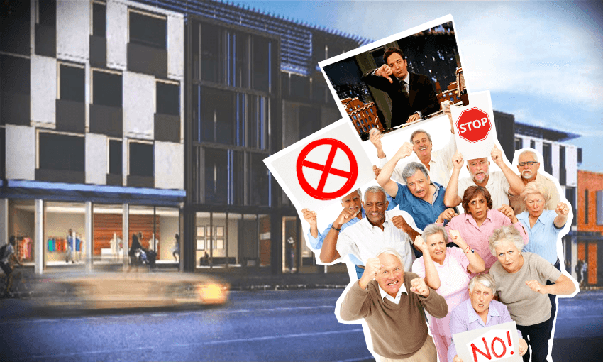 The controversial proposed Dominion Road apartments, and an artist’s impression of the protestors  
