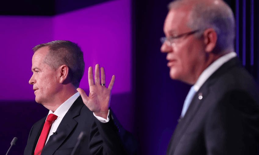Shorten and Scomo, or is it Scomo and Shorten, who can honestly say. Photo by Liam Kidston/News Corp Australia via Getty Images 
