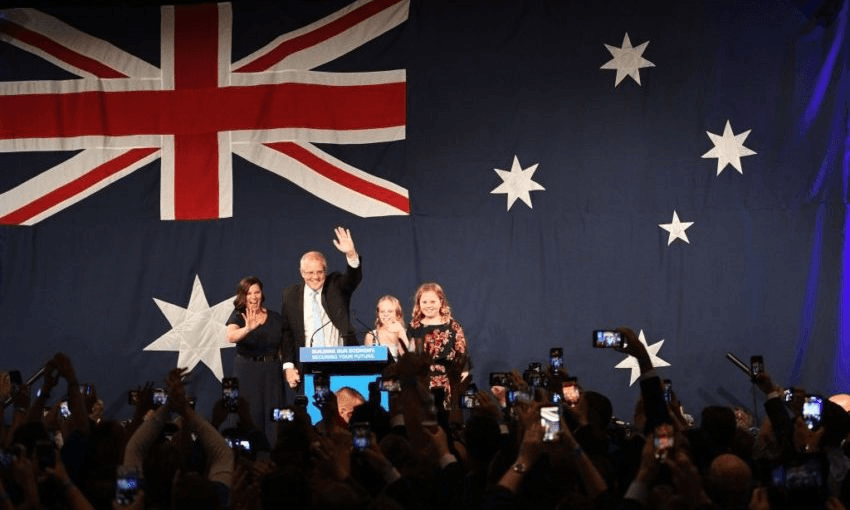 Australia’s newly elected Prime Minister Scott Morrison waves to his party supporters Photo: SAEED KHAN/AFP/Getty Images 

