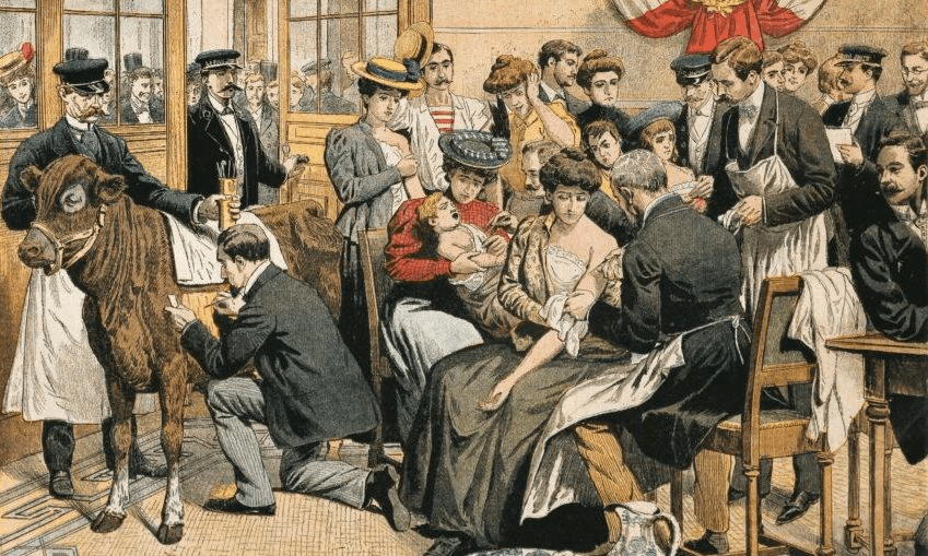 Free smallpox vaccination, as illustrated in a 1905 edition of Petit Journal, France. Photo by DeAgostini/Getty Image 
