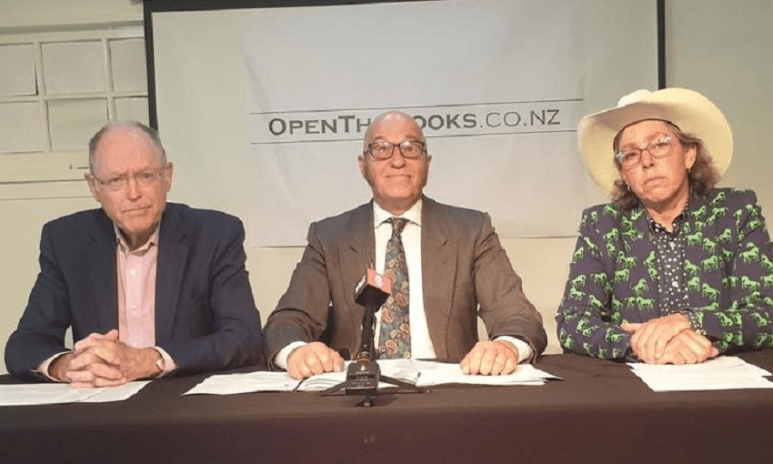 Don Brash, Clive Matthew-Wilson and Lisa Prager at the launch of anti-AT group OpenTheBooks. Photo: RNZ / Matthew Theunissen