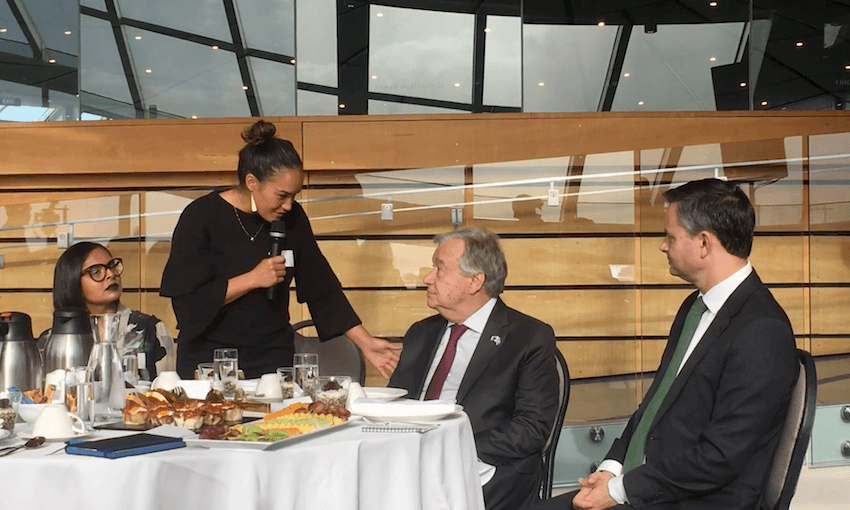 S.O.U.L activist Pania Newton addresses UN Secretary General António Guterres and Minister for Climate Change James Shaw. (Photo: Kera Sherwood O’Regan) 
