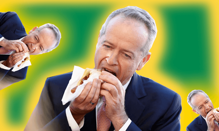 Leader of the Opposition Bill Shorten enjoys a sausage sizzle after casting their votes in his electorate of Maribyrnong, on May 18, 2019 in Melbourne, Australia. (Photo by Ryan Pierse/Getty Images, photo illustration by Tina Tiller/The Spinoff)
